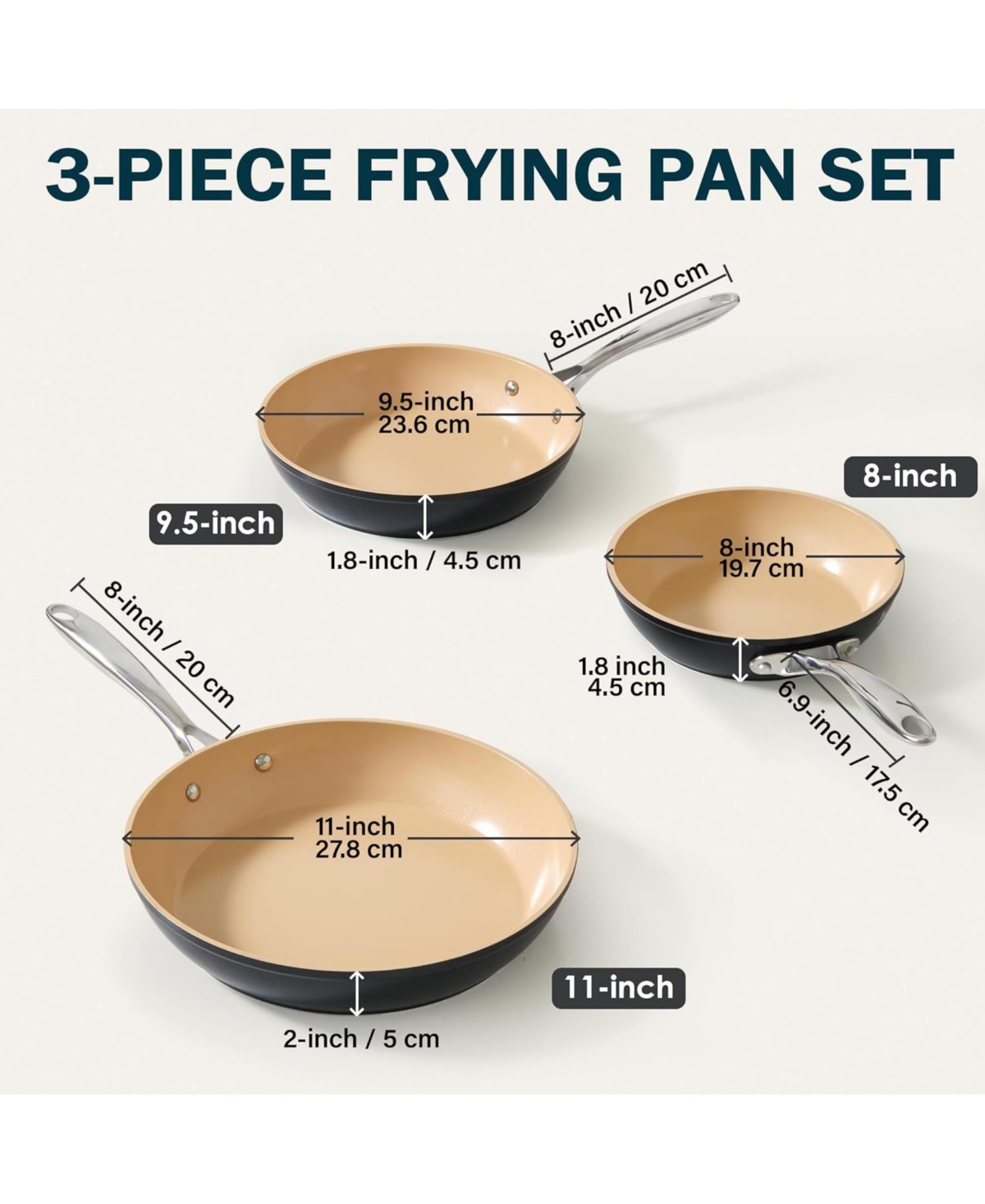 Cooks Standard 8-inch/9.5-inch/11-inch Ceramic Hard Anodized Nonstick Frying Pan Set,& Apricot - Black
