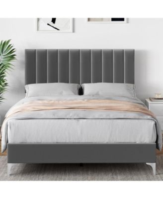 Bed Frame Modern Velvet Upholstered 11 Inch Bed Frame with Headboard No Box Spring Needed, Gray