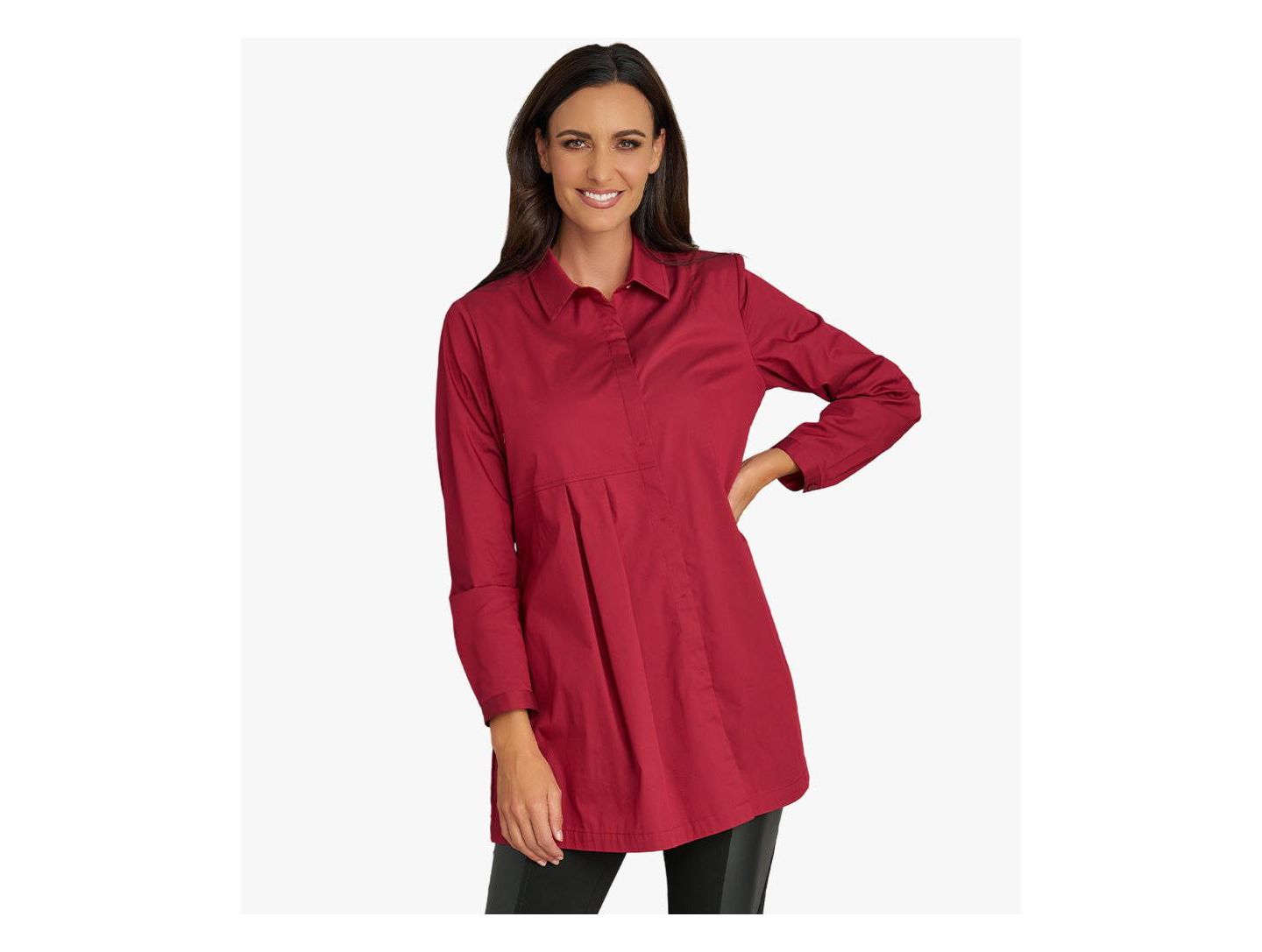 Женский топ Stella Carakasi Long Sleeves Cotton Poplin Asymmetrical Pleat Front Have It All Tunic, цвет: Свекольный — фото 1