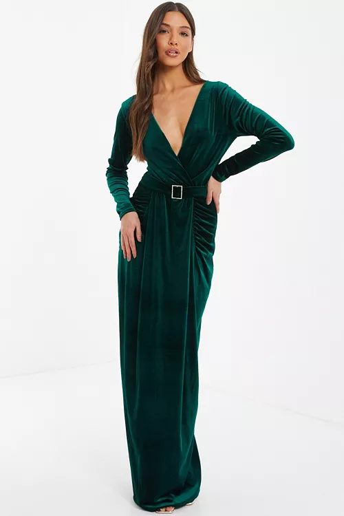 women's velvet buckle detail long sleeve maxi dress