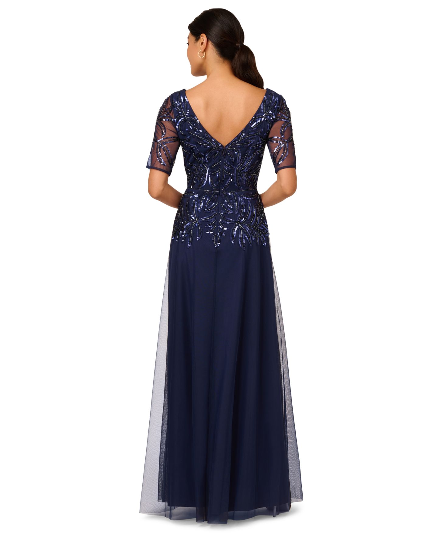 Женские платья Adrianna Papell Embellished Mesh V-Neck Gown, цвет: Светлый тёмно-синий — фото 4