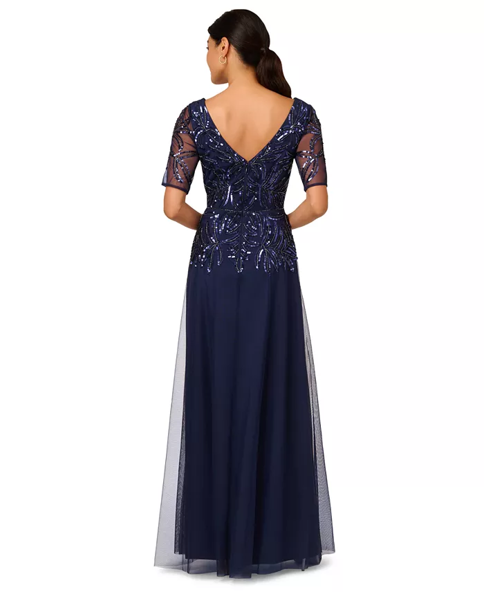 Women's Embellished Mesh V-Neck Gown - thumbnail 4