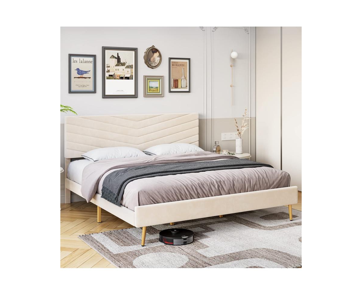 Garmin King Size Bed Frame with Adjustable Headboard, Velvet Upholstered Platform Bed, Solid Wood Slats Support, No Box Spring Needed -khaki