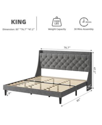 King Size Bed Frame with Charging Ports & Storage Shelf, Upholstered Platform Bed with Wingback Headboard, No Box Spring Needed, Gray