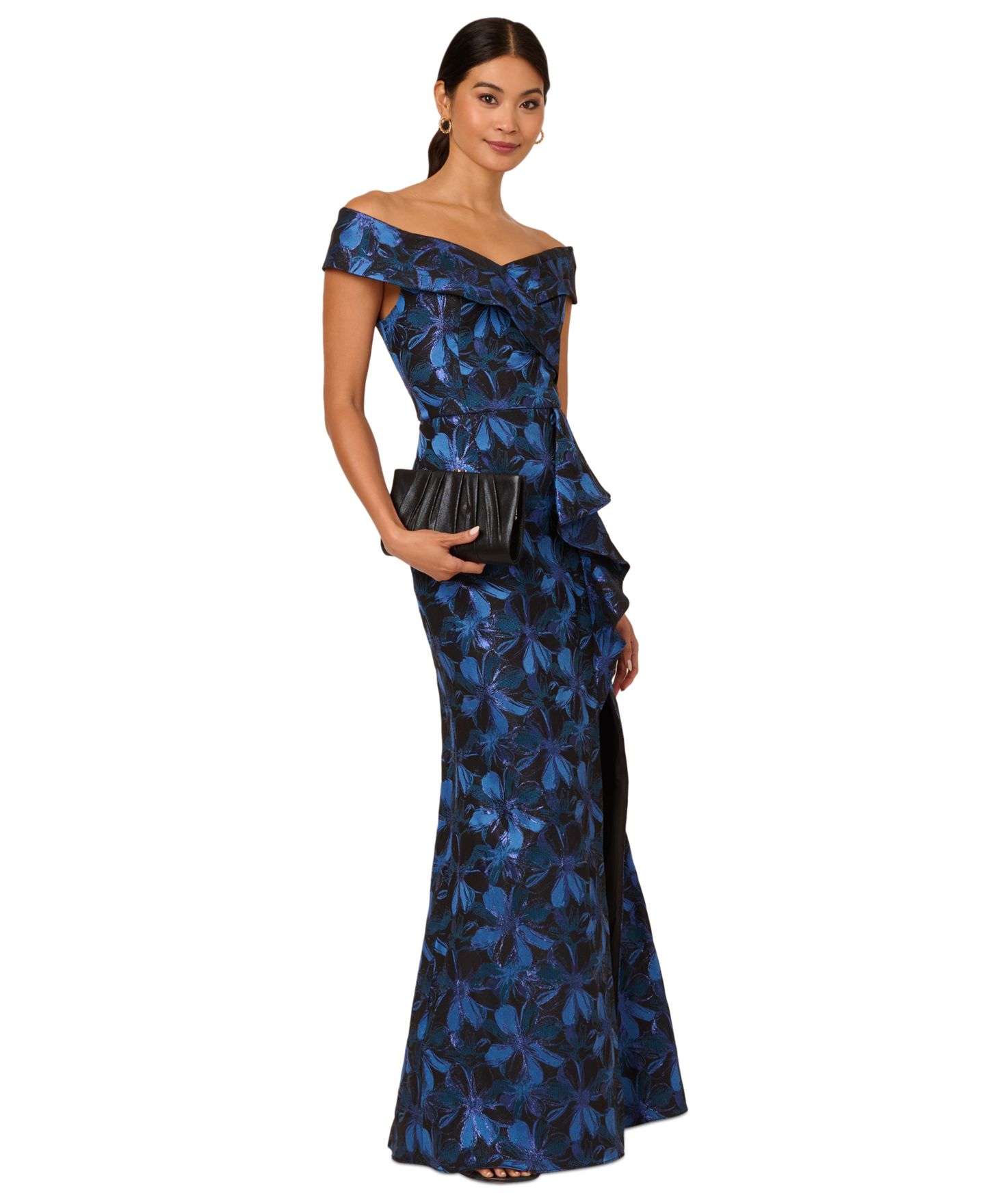 Женские платья Adrianna Papell Jacquard Off-The-Shoulder Gown, цвет: Синий разноцветный — фото 1