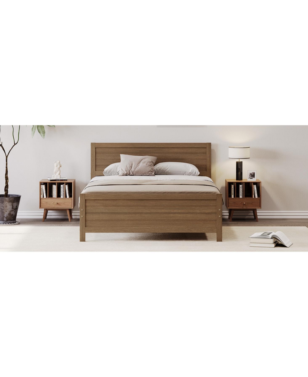 Slickblue Wood Platform Bed Frame with Headboard, Mattress Foundation with Wood Slat Support, No Box Spring Needed- Walnut