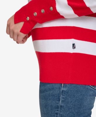 Nautica Women's Crewneck Stripe Sweater with Button Sleeve
