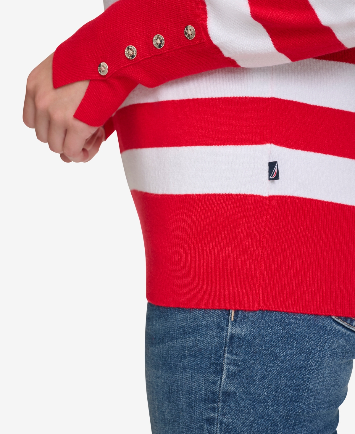 Nautica Jeans Women's Crewneck Stripe Sweater With Button Sleeve In Regatta Red,bright White