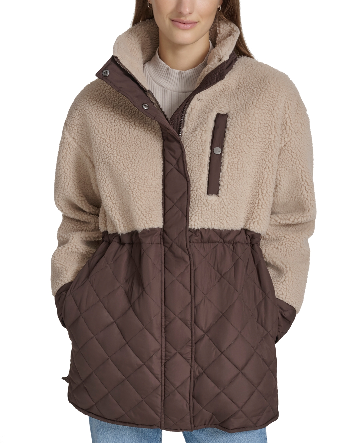 Andrew Marc Sport Women's Sherpa Trim Longline Quilted Jacket - Beige Multicolor