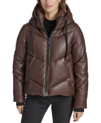 Women s Faux Leather Hooded Puffer Jacket