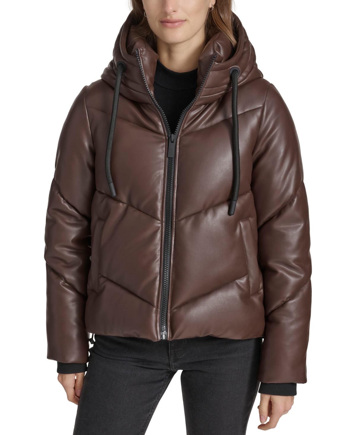 Andrew Marc Sport Women's Faux-Leather Hooded Puffer Jacket - Espresso