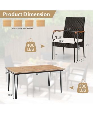 7 PCS Patio Dining Set with Acacia Wood Dining Table Rattan Armchairs Soft Cushions