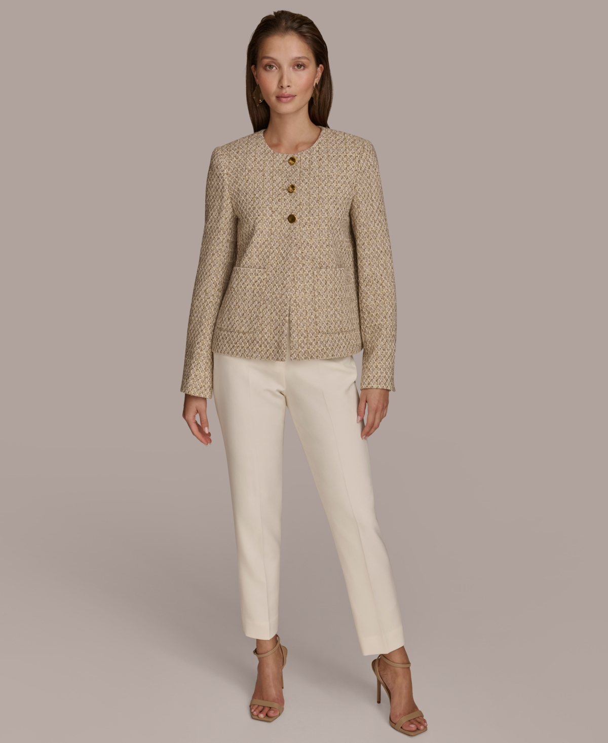Donna Karan New York Women's Round-Neck Button-Front Jacket -gold