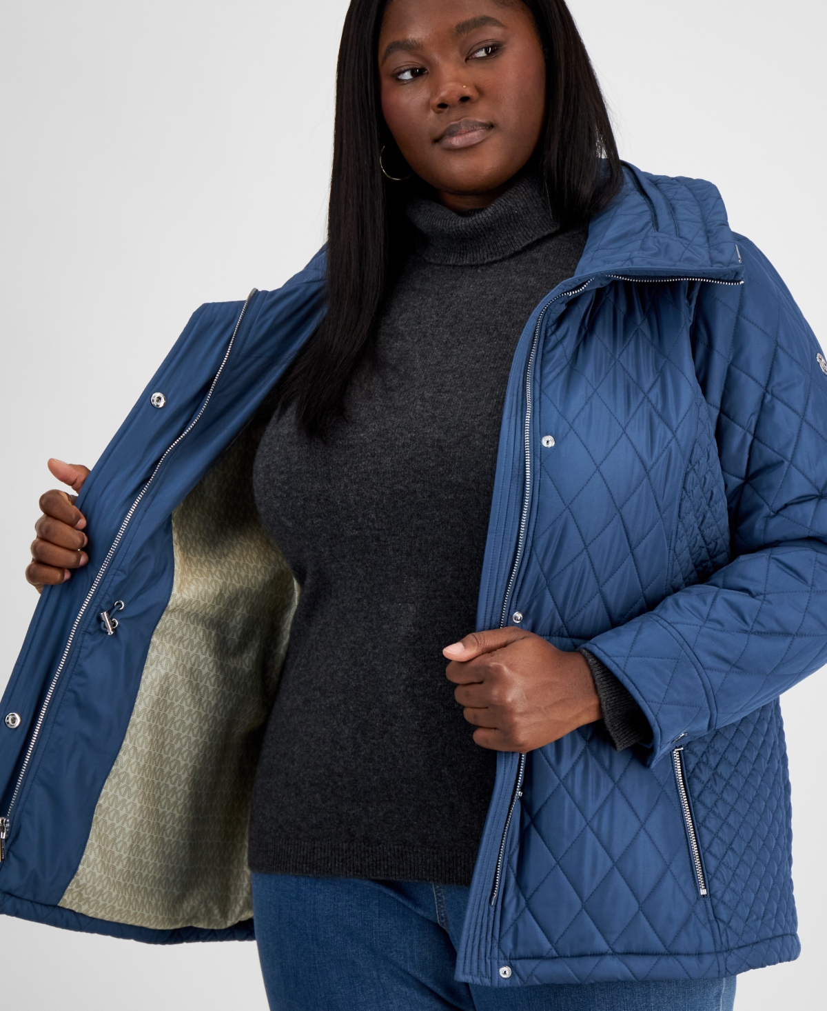 Michael Kors Michael  Plus Size Quilted Hooded Anorak Coat In Dark Chambray