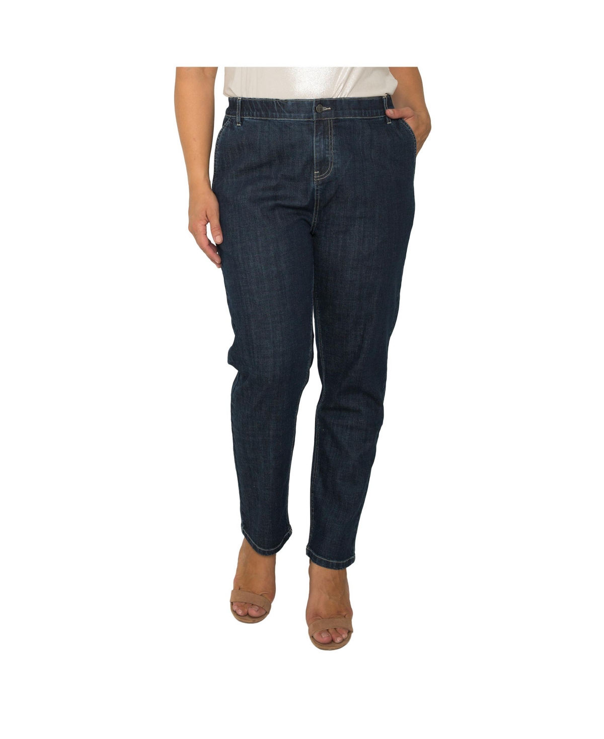 Women's Elastic Waist High Rise Slim Straight Denim Jeans - Medium blue rinse