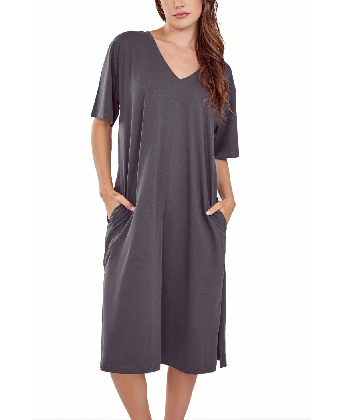Women's Soft Knit Short Sleeve Nightgown Dress with Side Pockets - Charcoal