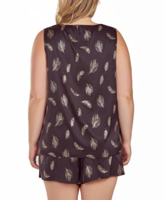 Plus Size Silky Tank Pajama Set in Feather Print