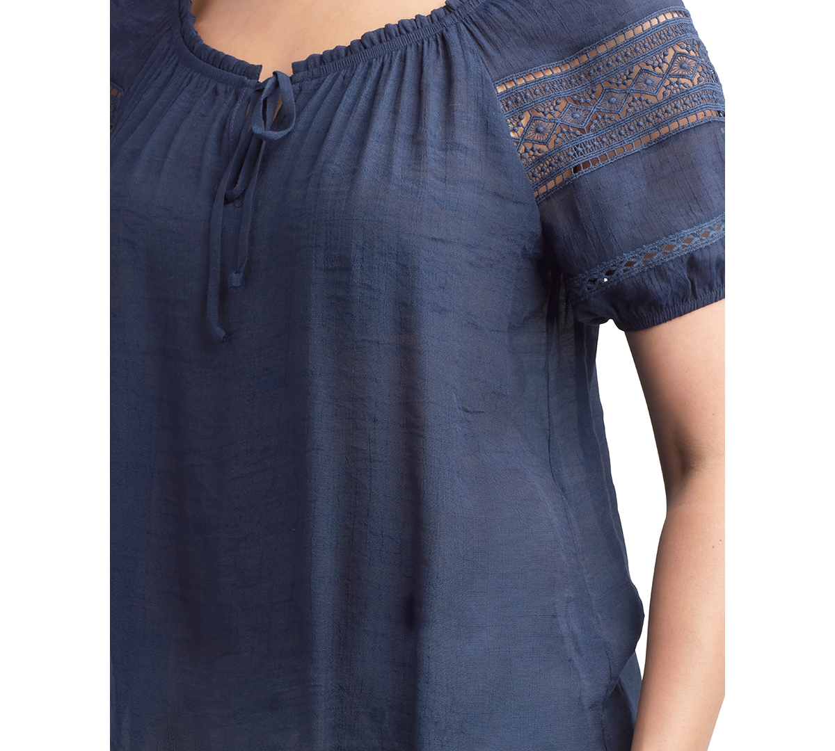 Bcx Juniors' Scoop-Neck Lace-Trim Puffed-Sleeve Top