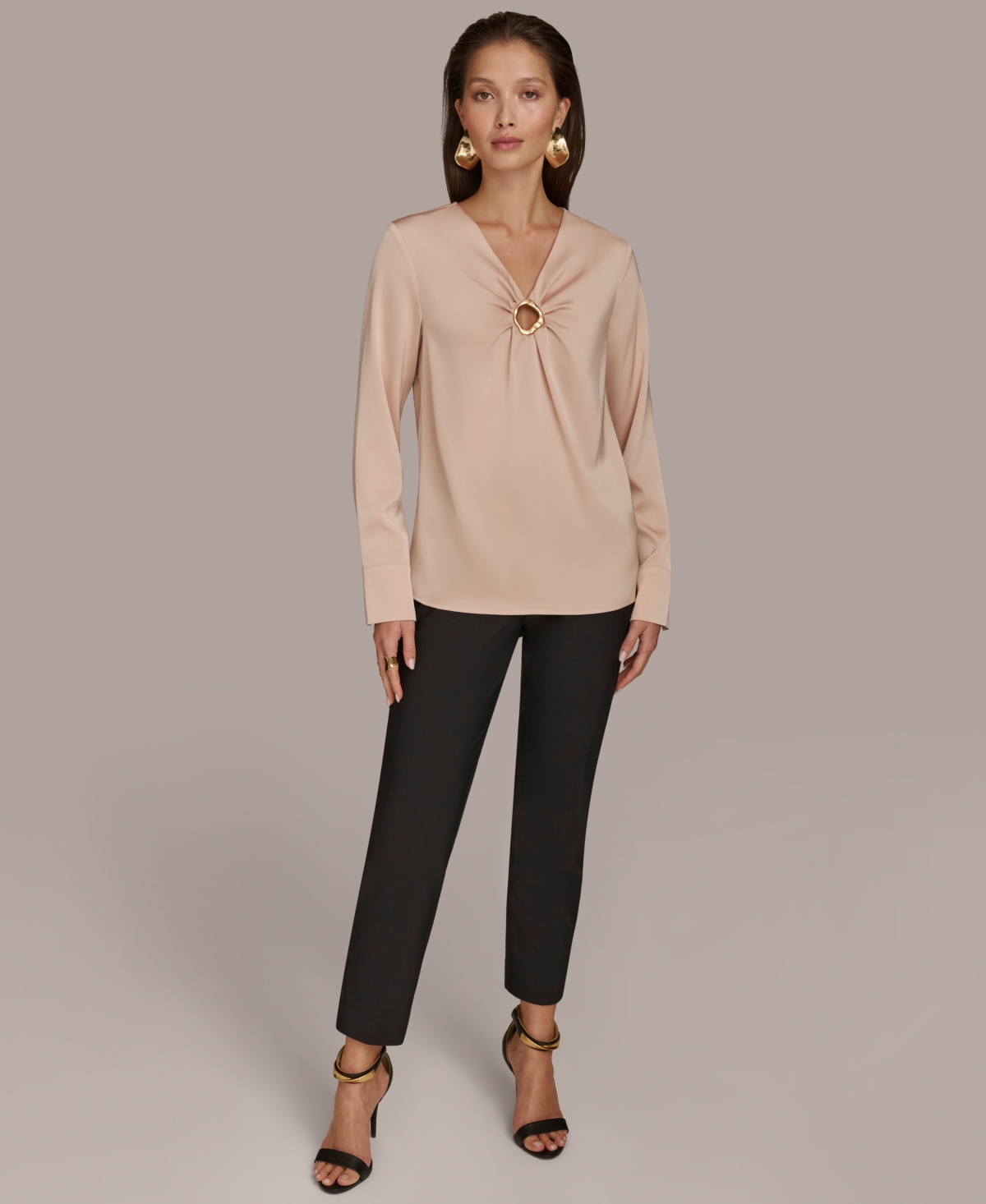 Donna Karan New York Women's V-Neck O-Ring Long-Sleeve Top