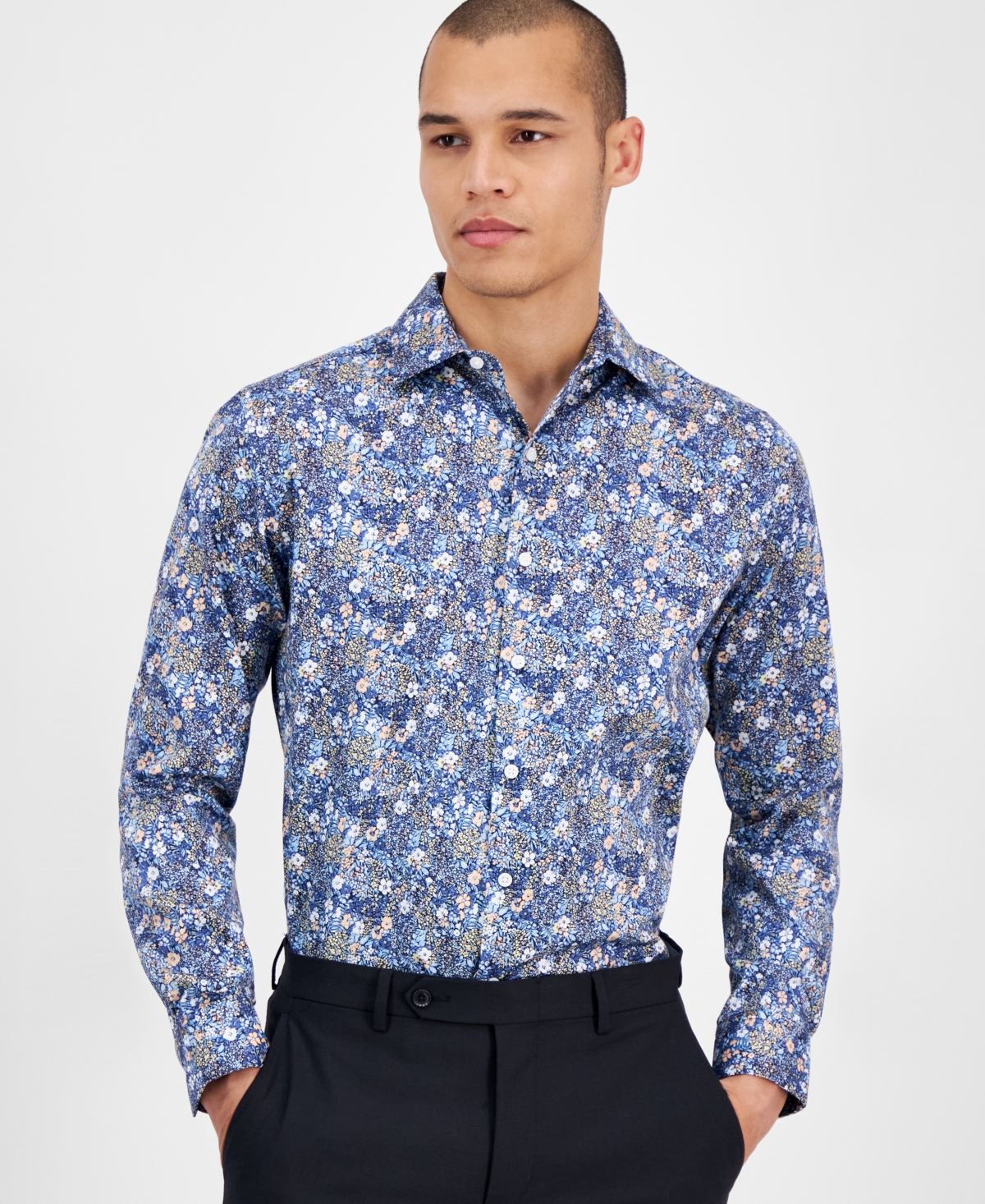 Men's Slim Fit Long Sleeve Button-Front Alhambra Floral Print Shirt, Exclusively at Macy's - Blue Peach