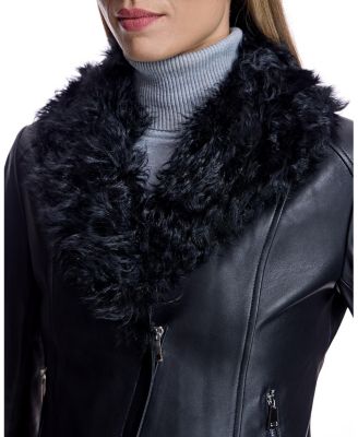 Women's Leather Jacket with Curly Lamb Collar