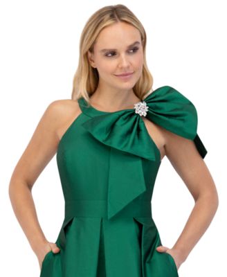 Women's Bow-Trim Halter Pleated Taffeta Gown