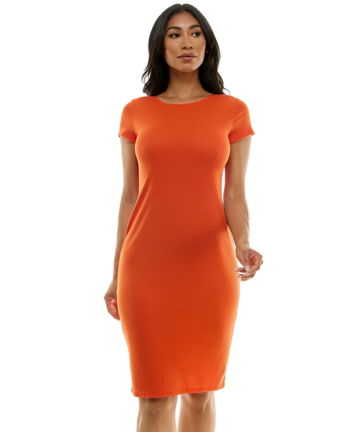 Women's Short Sleeve Midi T-Shirt Rib Dress - Orange