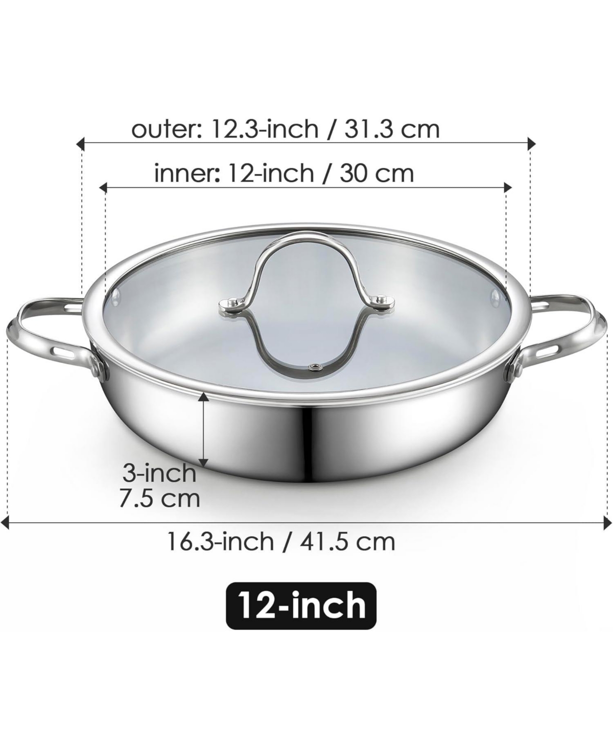 Cooks Standard large Tri-Ply Clad Stainless Steel Deep Frying Pan, Everyday Chef's Pan