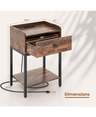 2 PCS Nightstand Side End Table w/ Charging Station Drawer Open Shelf