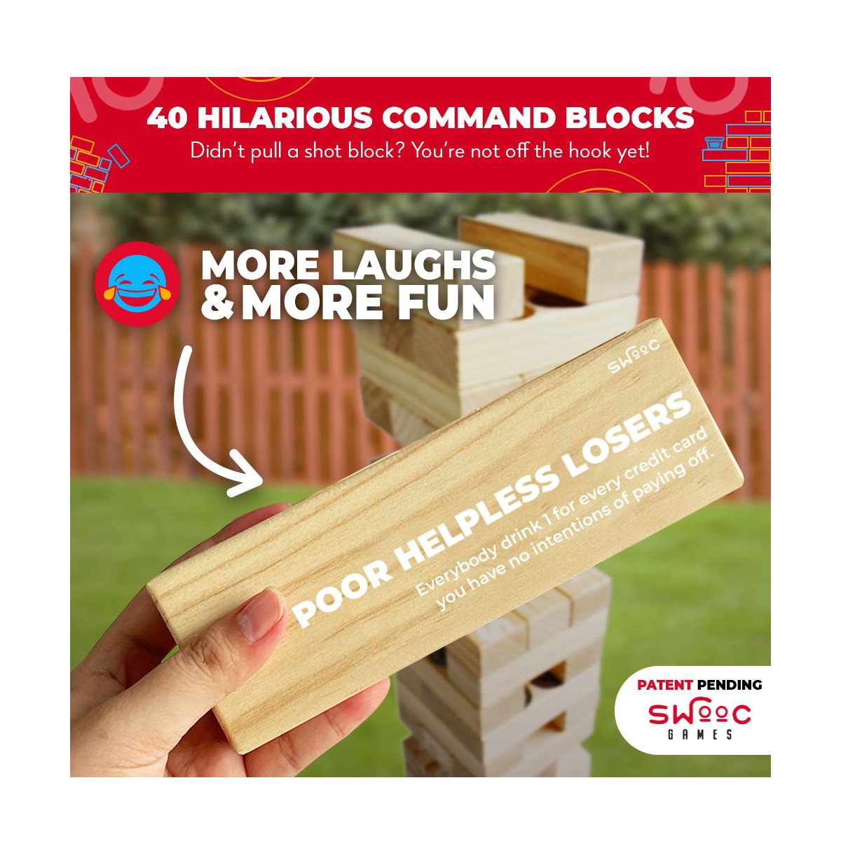 Swooc Giant Tower Party Game with Hidden Shots & 60 Commands - Includes 60 Blocks,104 Disposable Cups & Carrying Case