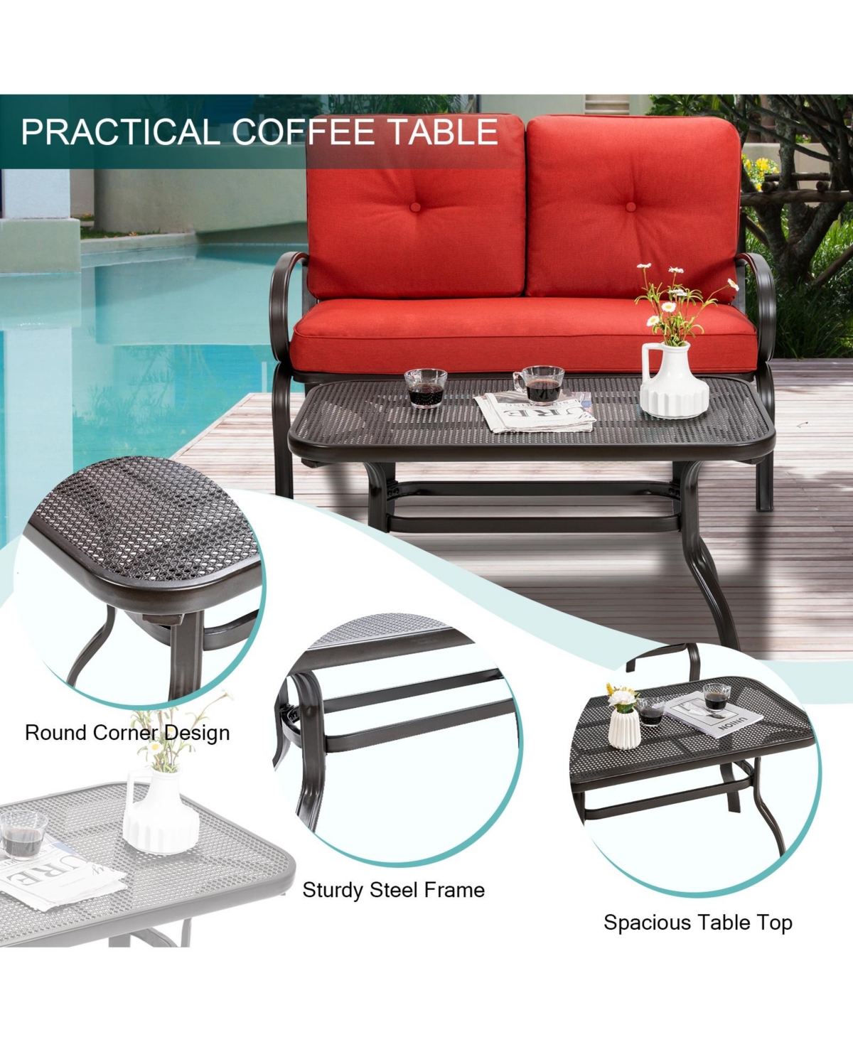 Sugift 2 Pieces Patio Outdoor Cushioned Coffee Table Seat- Red