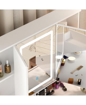 Pink Modern Makeup Vanity Desk 9-Drawers Wood Dressing Table with 3 Mirrors, Hidden Storage Shelves, LED Lighted Lights