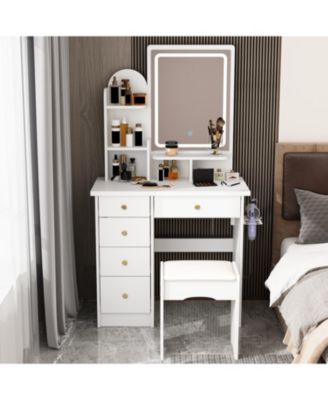 5-Drawers White Makeup Vanity Sets Dressing Table Sets With Stool, LED Lighted Mirror, Power Strip and Hair Dryer Holder