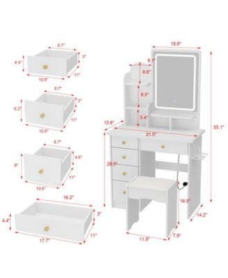 5-Drawers White Makeup Vanity Sets Dressing Table Sets With Stool, LED Lighted Mirror, Power Strip and Hair Dryer Holder