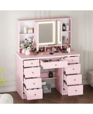 Pink Modern Makeup Vanity Desk 9-Drawers Wood Dressing Table with 3 Mirrors, Hidden Storage Shelves, LED Lighted Lights