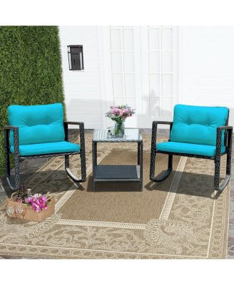 3 Pieces Cushioned Patio Rattan Set with Rocking Chair and Table-Blue