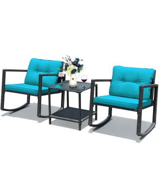 3 Pieces Cushioned Patio Rattan Set with Rocking Chair and Table-Blue