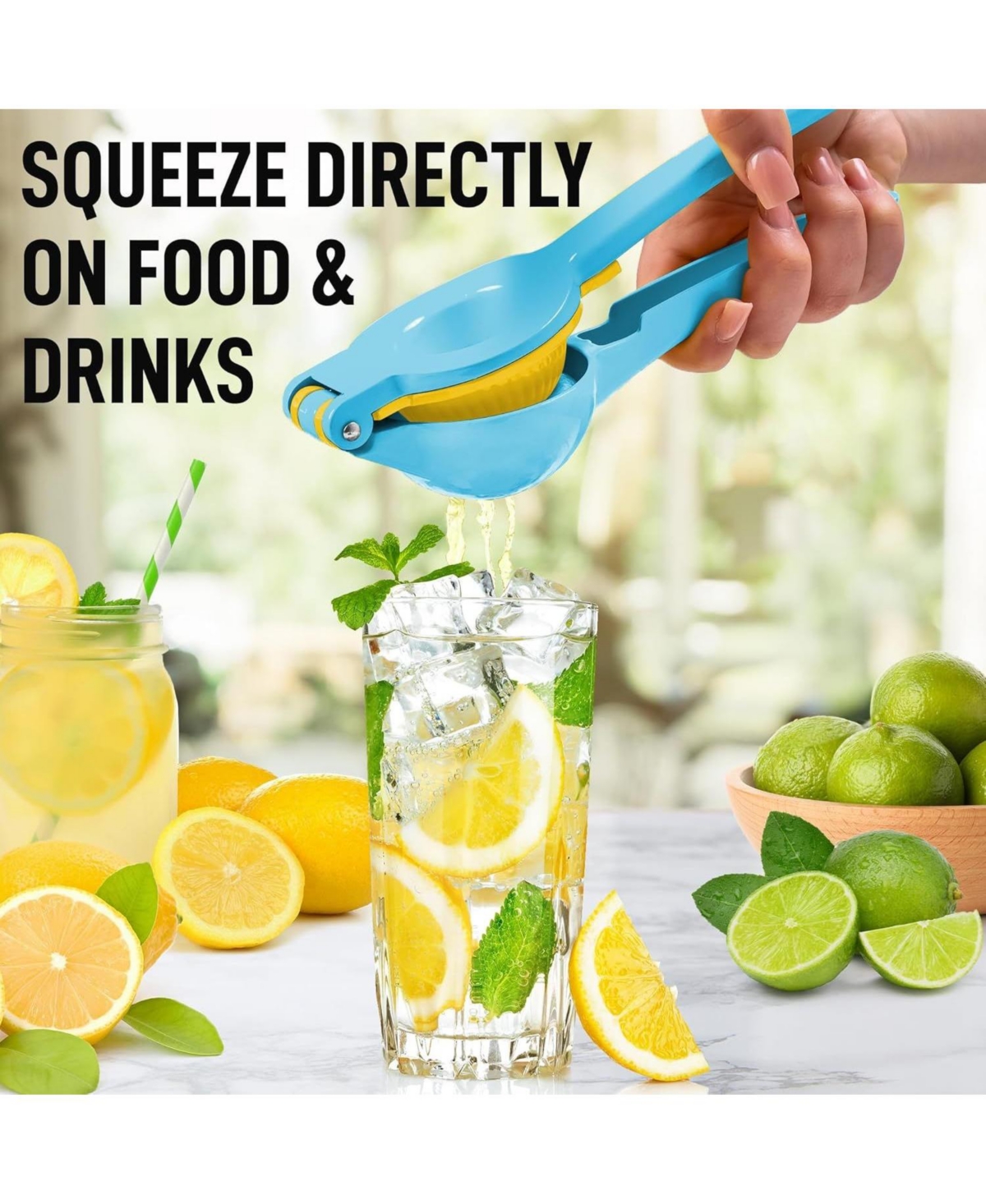 Zulay Kitchen Metal 2-In-1 Lemon Squeezer Manual - Sturdy, Max Extraction Hand Juicer Lemon Squeezer Gets Every Last Drop - Cool blue  yellow