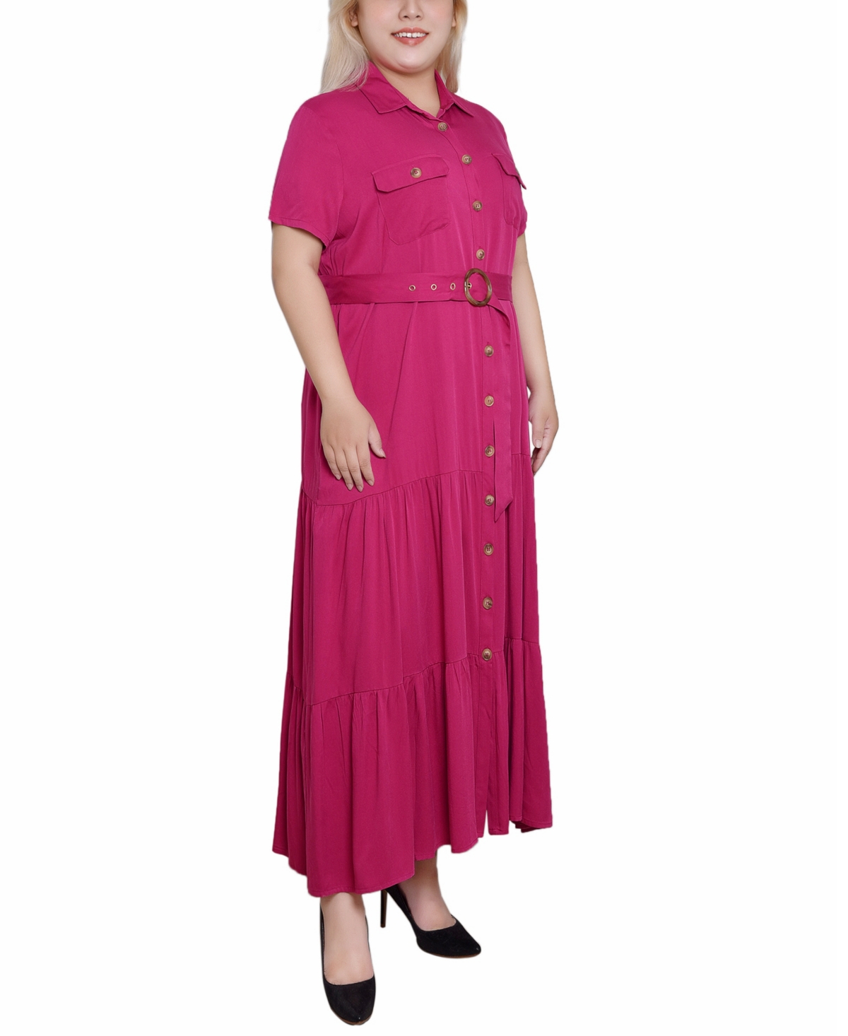 Ny Collection Plus Size Short Sleeve Midi Twill Dress In Festival Fuchsia