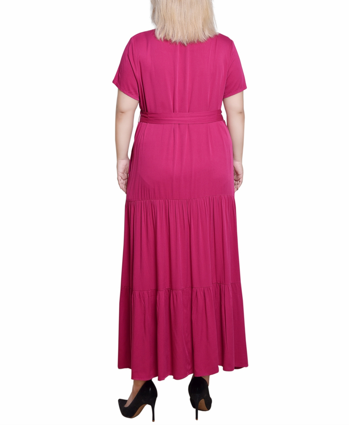 Ny Collection Plus Size Short Sleeve Midi Twill Dress In Festival Fuchsia