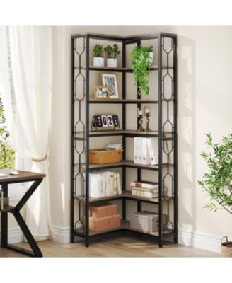 Corner Shelf, 7-Tier Industrial Corner Bookshelf, Wood and Metal Corner Etagere Bookcase, Freestanding Display Shelf for Living Room