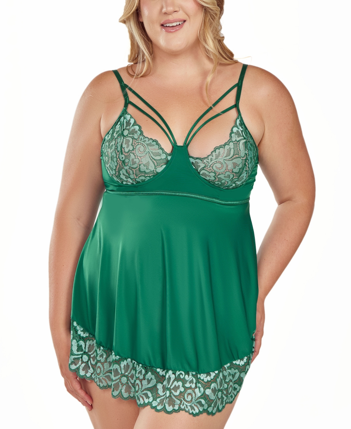 Icollection Plus Size 2pc Cross Dye Underwire Lace Cup Babydoll And Panty Lingerie Set In Green