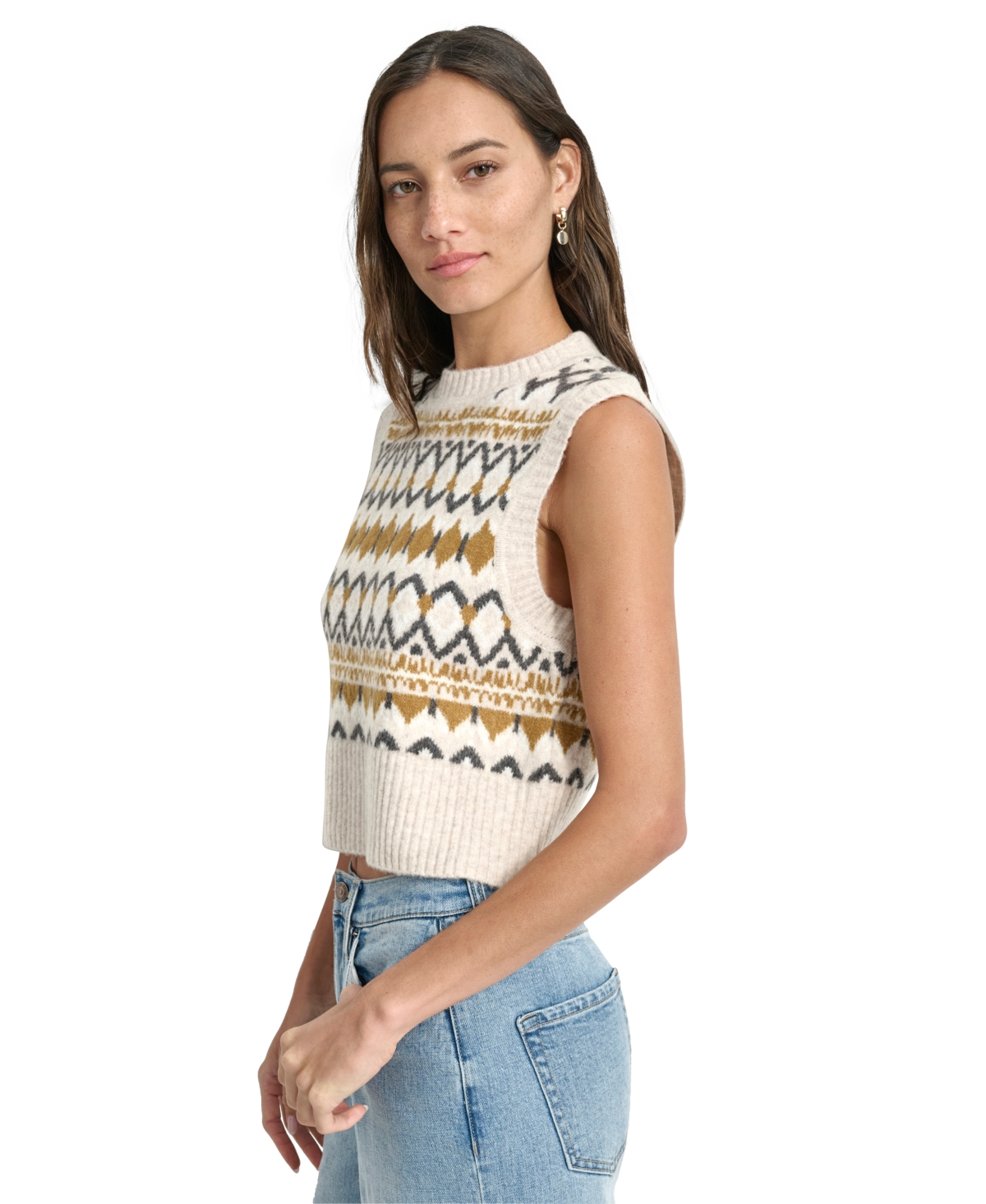 Dkny Jeans Women's Fair Isle Crewneck Sweater Vest - C3E - CORT HTR COMBO