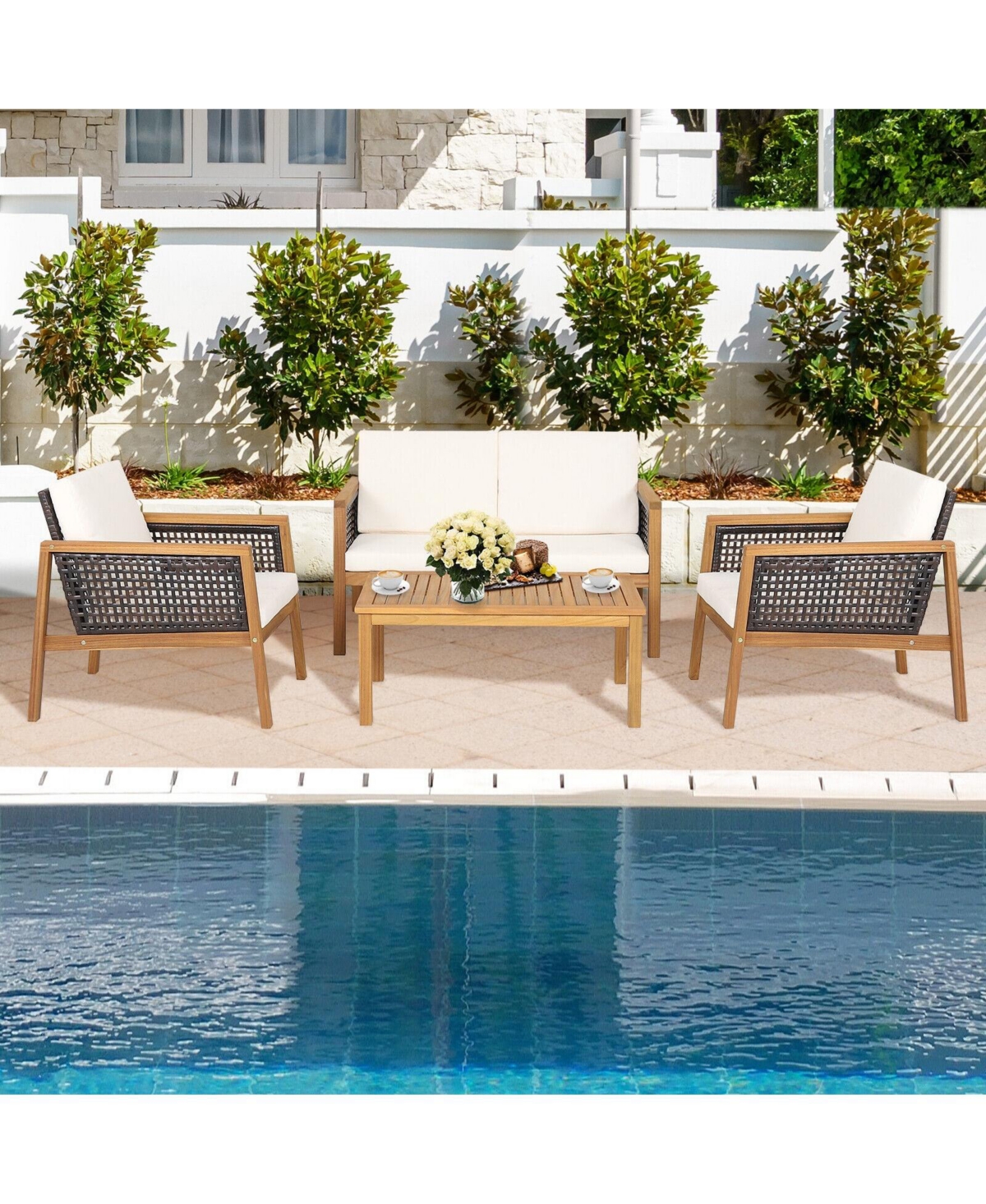 4 Pieces Patio Rattan Furniture Set with Removable Cushions