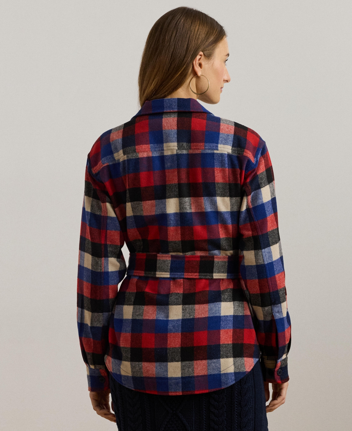 Lauren Ralph Lauren Women's Buffalo Check Belted Twill Shirt Jacket -black/blue/cream