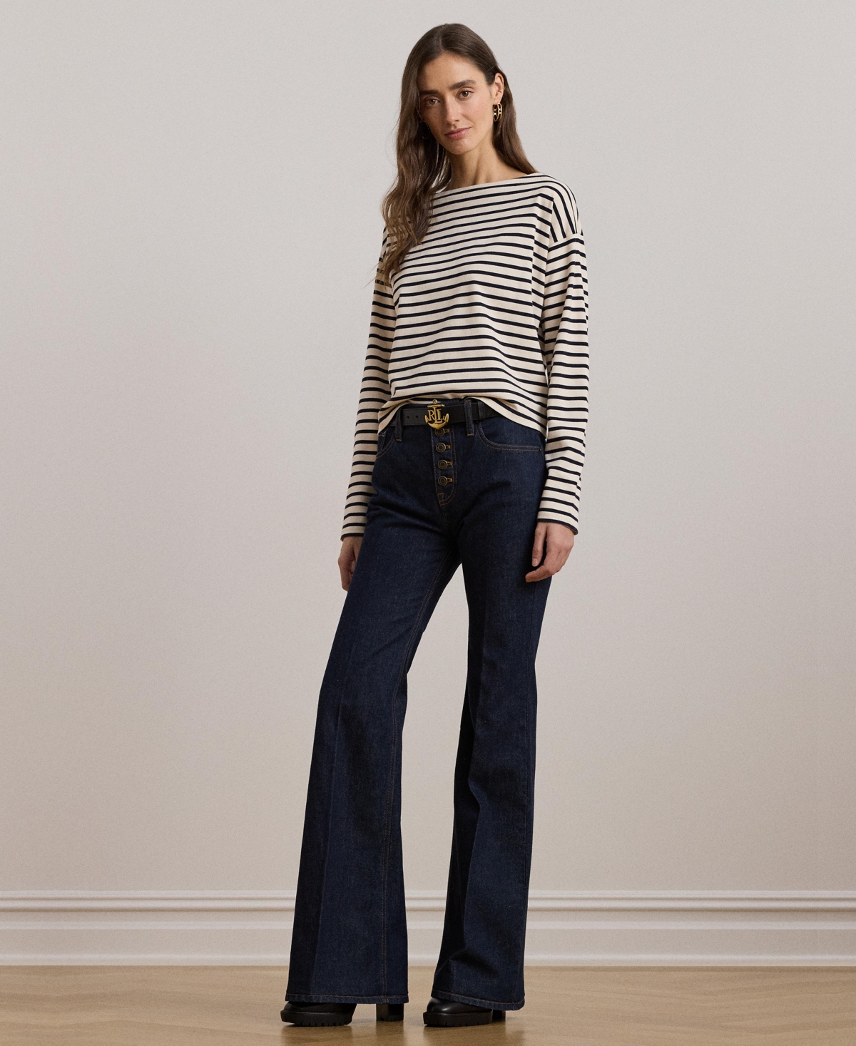 Lauren Ralph Lauren Women's Striped Cotton Jersey Boatneck Top -lauren Navy