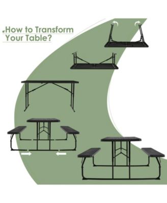 Folding Picnic Black Table Bench Set with Wood-like Texture