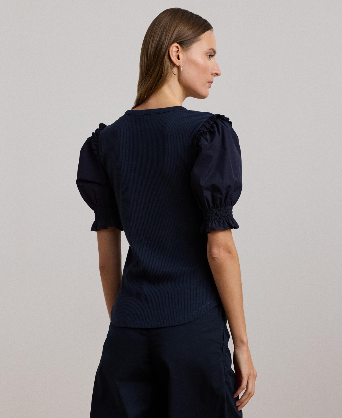 Lauren Ralph Lauren Women's Rib-Knit Cotton-Blend Puff-Sleeve Top
