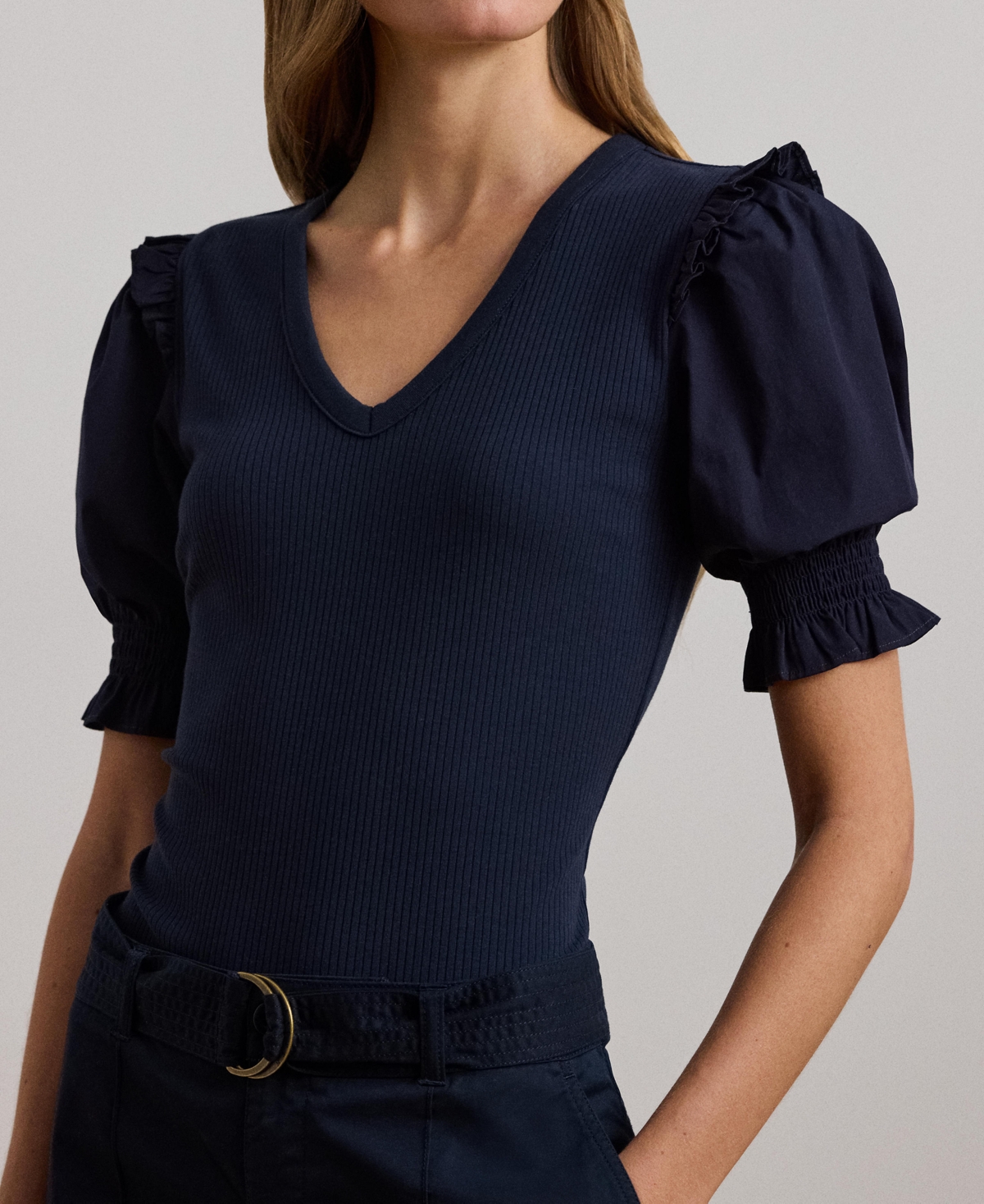 Lauren Ralph Lauren Women's Rib-Knit Cotton-Blend Puff-Sleeve Top