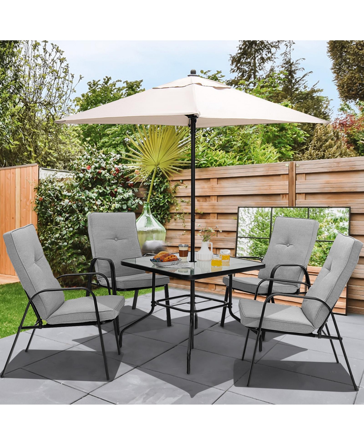 Sugift 6 Pieces Patio Dining Set with Umbrella and Stackable Cushioned Chairs